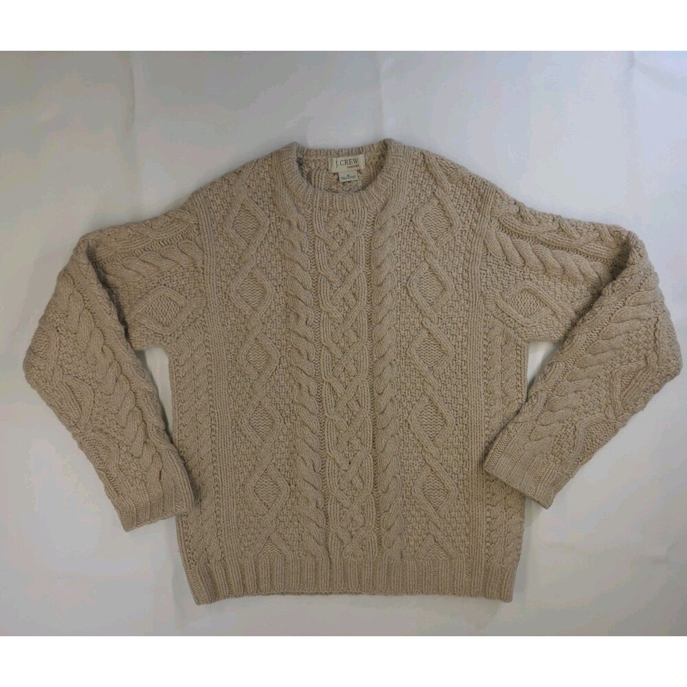 J Crew Sweater Womens M Chunky Knit Lambswool Preppy Fisherman Tan Beige Lattice - Picture 4 of 11